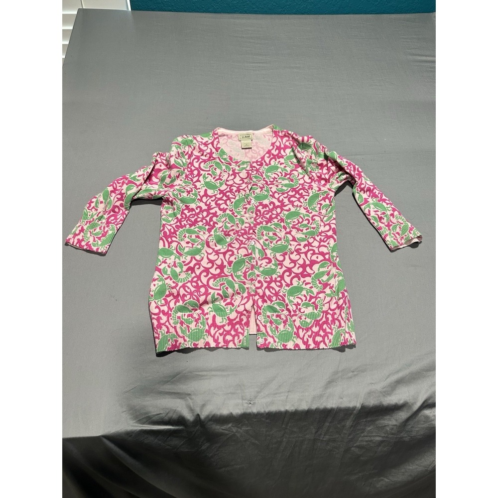 VTG LL‎ Bean Crab Lobster Cardigan Sweater Preppy Size M Resort Beach Preppy